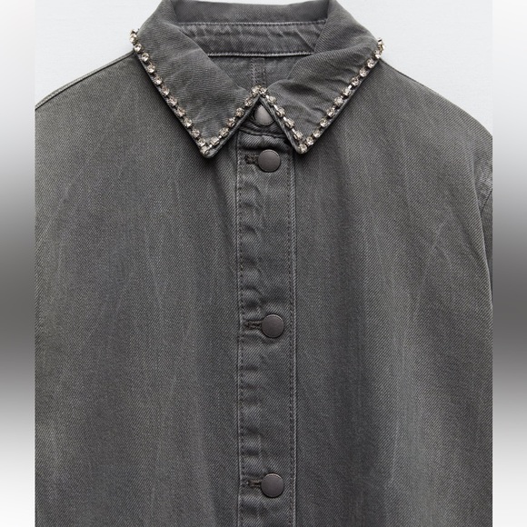Women Zara Rhinestone Denim Overshirt Size XS - Picture 9 of 11